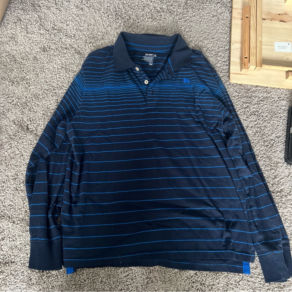 Old Navy Mens Polo Shirt XL Blue Striped Long Sleeve Collared